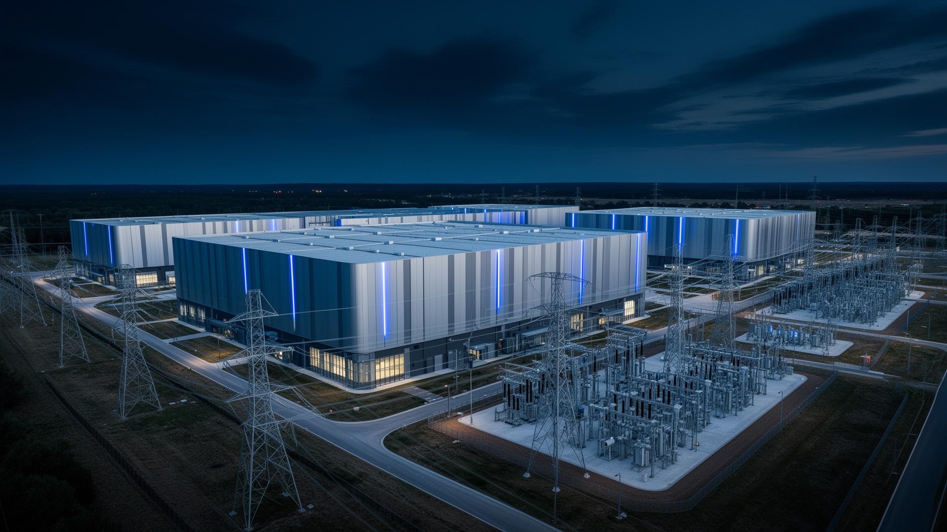 AI data center campus with substation and transmission infrastructure